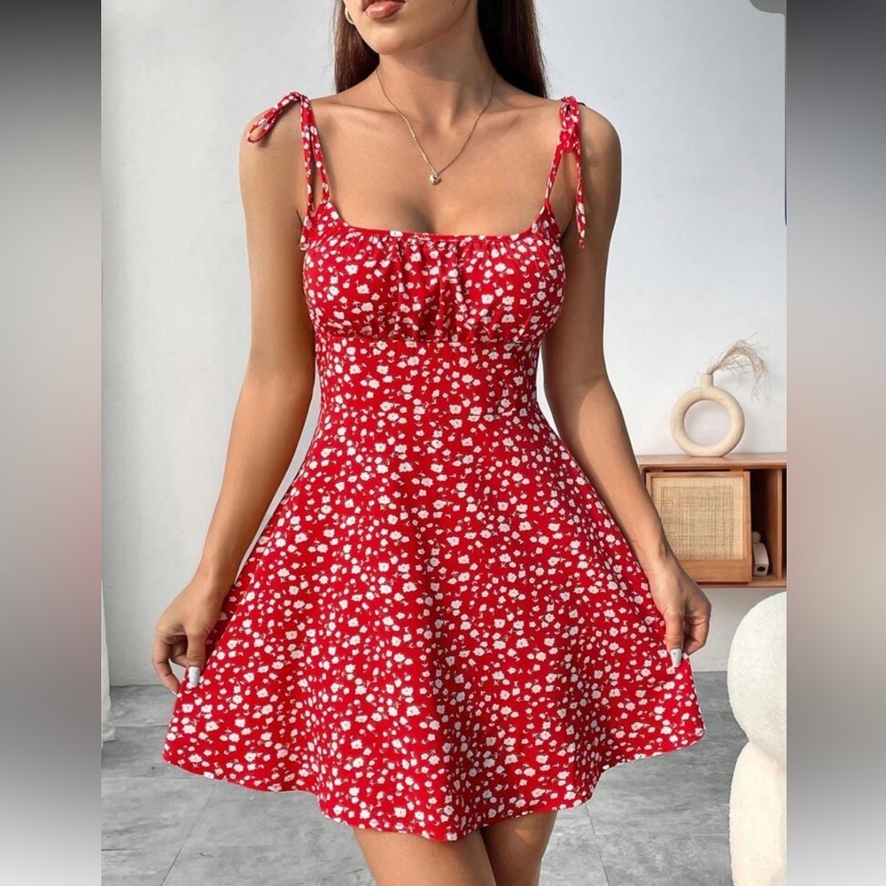 SHEIN Red Floral Tie Strap Mini Dress Sleeveless Fit & Flare Summer Medium